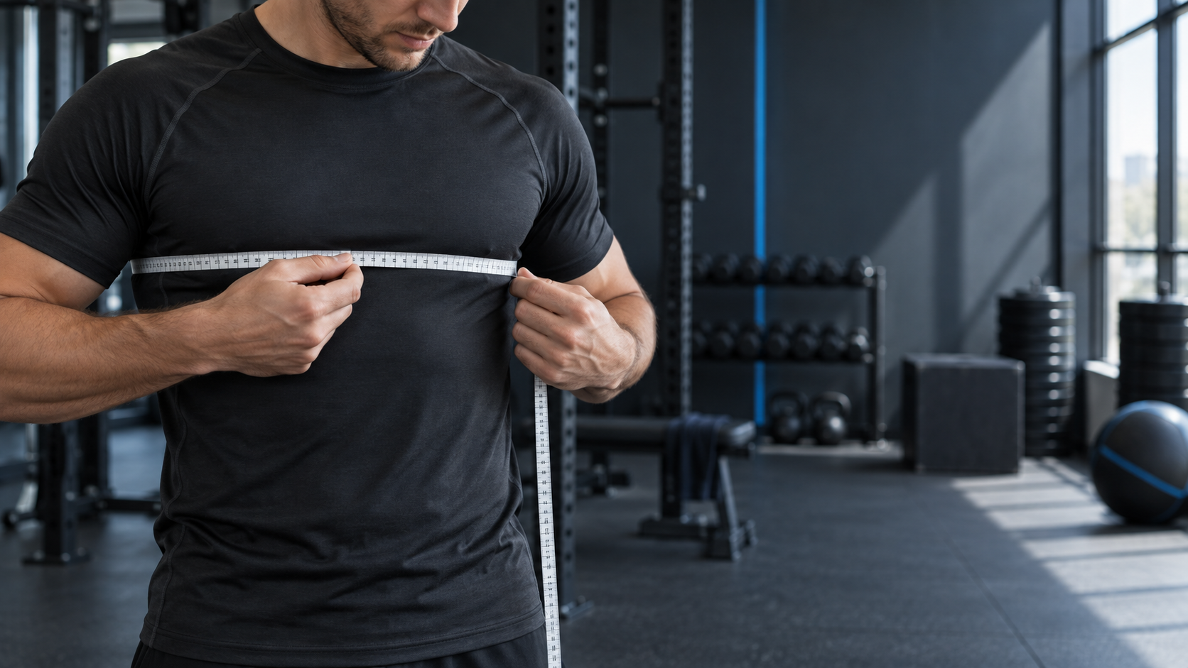 Illustrative athlete measuring his chest over a plain training top before choosing a compression shirt